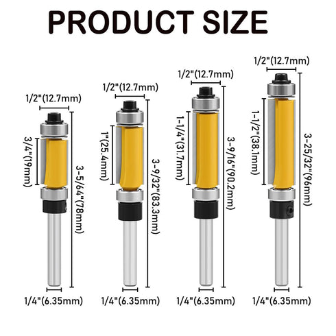 Totowood 4Pcs Set 1/4 Inch 1/2 Inch 3/4", 1", 1-1/4", 1-1/2" Inch Top and Bottom Bearing Flush Trim Router Bits Shank
