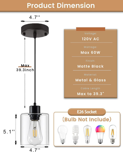 1 E26 2 Packs Light Hanging Pendant Light Fixtures, Adjustable Black Pendant Lights Kitchen Island, Modern Farmhouse