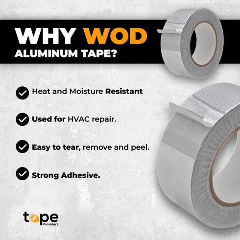 WOD AFTR28 Aluminum Foil Tape - 2.5 inch x 150 feet. Heat Shield Reflective Sealant Tape - Ideal for HVAC, Duct, Pipe, and Metal Insulation and Repair. Low and High Temperature Resistant.