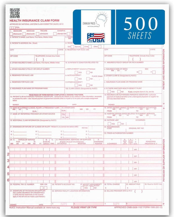 CMS 1500 Claim Forms - 500 Sheets | New Version HCFA 1500