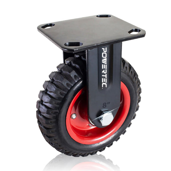POWERTEC 8 Inch Heavy Duty Caster Wheels, Fixed Plate with Rubber Knobby Tread for Workbench, Dolly, Cart, Trolley, 1PK