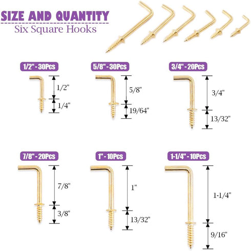 Swpeet 120Pcs Gold Brass Plated Metal Screw-in Square Bend Hooks Kit - 6 Sizes for Home Workplace Office