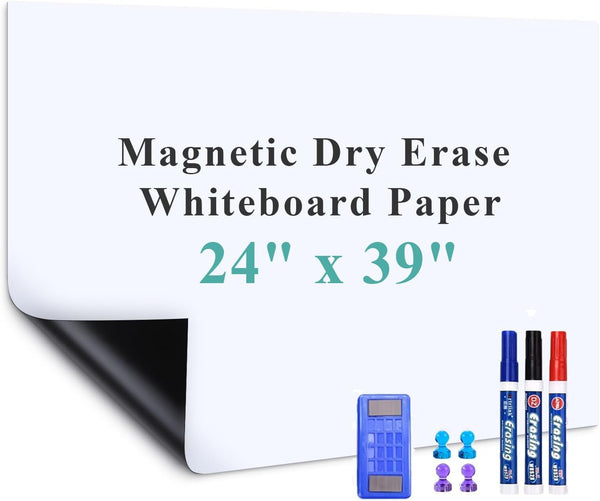 Magnetic Dry Erase Whiteboard Paper, 24"x39", Self Adhesive for Wall, Easy to Write and Clean for Kids and Office
