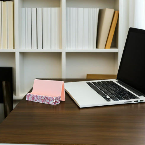 Baluue Rhinestones Business Card Holder Pink Single-sided Desk Organizer with Greeting Card Storage for Office Desktop