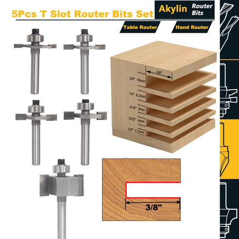 5Pcs Set,1/4" 1/8",5/32",3/16",1/4" 5/8",3/8" T Slot Router Bit Shank,Cutting Height and Deep T Trark Bit