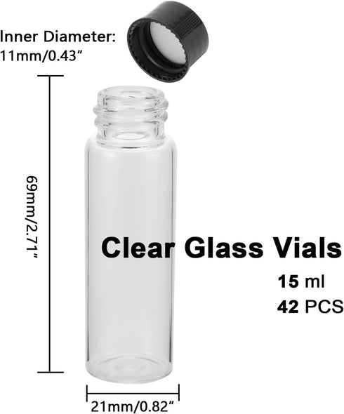 JIUWU 15ml Clear Glass Sample Vials, 42pcs Liquid Transparent Bottles with Lab Screwcap Capacity Travel Container
