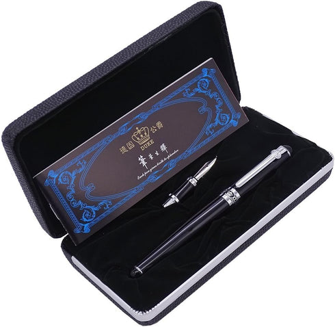 Duke Black Fountain Pen Gift Box Set - Double-Nibs Iridium Medium and Fude Calligraphy Nib for Office/Art