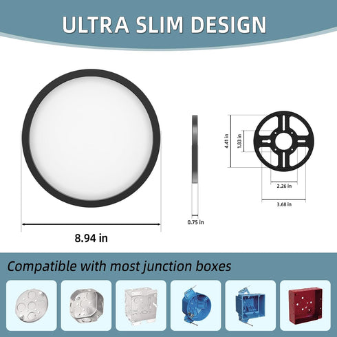 9inch Dimmable 24W 2000Lm, 5CCT 2 Pack TOPELER Black Slim LED Surface Mount Ceiling Light, Round Flat Panel Lights