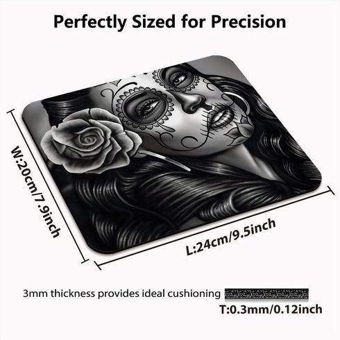 Vintage Sugar Skull Girl Image Gaming Mouse Pad, Custom Rectangle, Retro Black Grey White Large