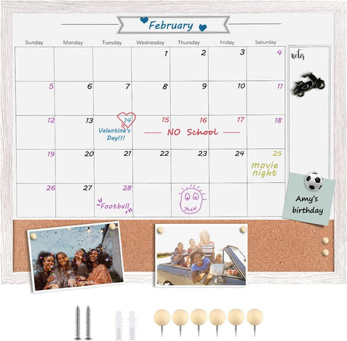 TORASO Whiteboard Calendar, Magnetic Dry Erase & Bulletin Board Combo, White Wood Framed, 18" x 22"