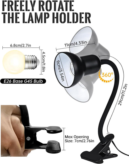 60W E26 (Dimmable Clip On Gooseneck Lamp - Max, Ceramic Fire-Resistant Socket, Classic Durable Switch, Adjustable