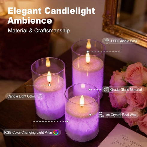 Set 3 Rechargeable Ice Crystal Glass Flameless Candles, RGB Color Changing Realistic Flickering Flameless Candles