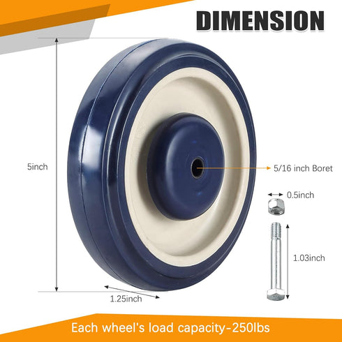 4 Pack 5-inch Shopping Cart Replacement Wheels Kit Diameter Wheels with Axles Bolt, Polyurethane Stepped and Full Tread