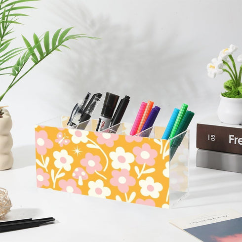 Generic 4 Cute Spring Flowers Bright Yellow Pen and Pencil Organizer Acrylic Straw Holder Markers Organizer Cat Pen