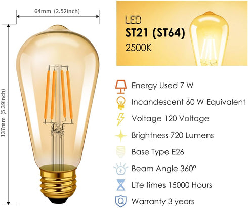 Bulb ST21 Bulb 8W(60 Dimmable 2500K E26 Cover,6 Pack LVWIT Vintage Edison Light LED Filament Watt Equivalent) (Amber