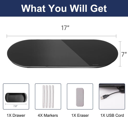 TSJ OFFICE Glass Desktop Whiteboard - 17 X 7 Inches Small Dry Erase Board with Blue Light, Glass White Board Surface