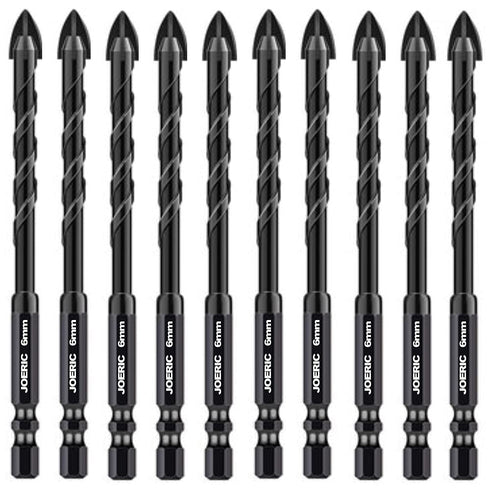 Black 6mm 10PC Masonry Drill Bit Set, 1/4” Concrete Drill Bit Set, Industrial Carbide Tip YG6X, Hex Shank