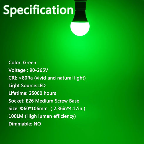 4 Pack LED Green Light Bulbs, A19 9W with E26 Base, 60W Equivalent for Wedding, Halloween, Christmas, Home Lighting