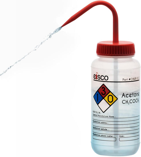 EISCO 2PK Wash Bottle for Acetone, 500ml - Labeled with Color Coded Chemical & Safety Information (4 Colors) - Wide Mouth, Self Venting, Low Density Polyethylene Labs by EISCO