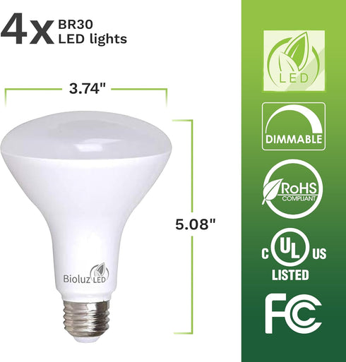 Bioluz LED 4 Pack 90 CRI BR30 LED Dimmable Bulb, 7.5W = 65 Watt Replacement, 650 Lumen, 4000K, 4 Pack