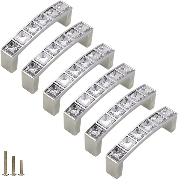 6 Pcs Modern U Shape Crystal Glass Drawer Pulls Knobs, Silver Zinc Alloy Handles for Cupboard Wardrobe Dresser