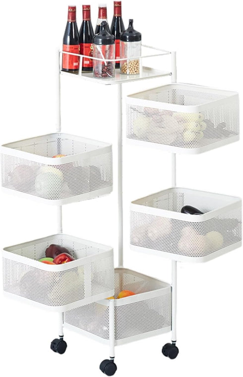 Naiveferry 5-Tier Rotating Vegetable Storage Rack with Wheels, Metal Mesh Fruit Basket with Lid, Potato Onion Storage