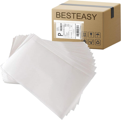 BESTEASY Packing List Pouches 6" x 9", Strong Adhesive Plastic List Label Envelope, Clear Top Loading, 200 Packs