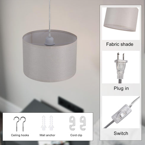 2 Pack 15Ft Plug in Pendant Light, Hanging Light with Clear Cord, On/Off Switch, Beige Yellow Fabric Lamp Shade