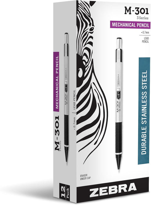 Zebra Pen M-301 Mechanical Pencil, 0.7mm, Medium Point, Stainless Steel Barrel, Black Grip, 12-Pack