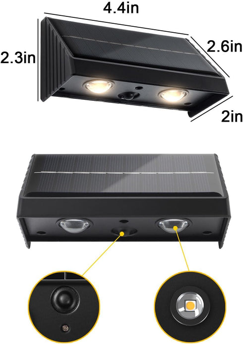 Solar Wall Lights Outdoor 3000K Warm White, Waterproof LED Sconce for Fence Deck Pathway Patio (2 Pack, Downlight)