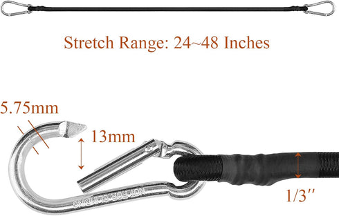 ZHOUBIN 24 Inch Black Bungee Cords - 4 Pcs with Carabiner Hooks for Secure Tie Downs