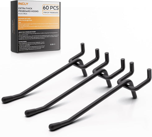 INCLY 60 Pack 4 Inch Black Heavy Duty Pegboard Hooks, 1/4" Accessories for Garage, Craft Organizing, Kitchen