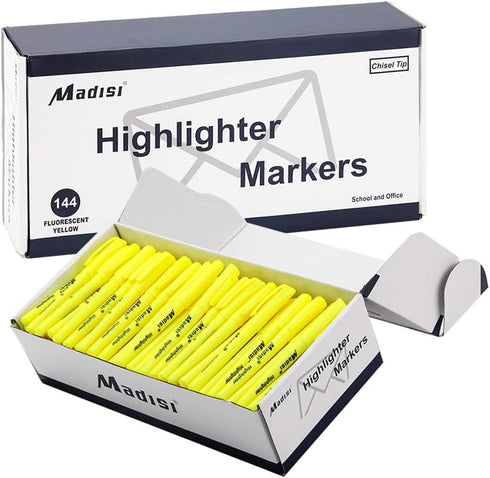 Madisi Bulk Pack Highlighters, Chisel Tip, Fluorescent Yellow, 144-Count