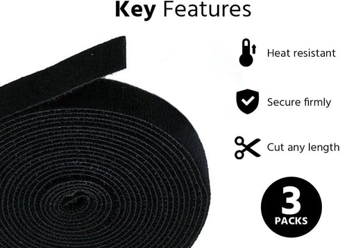 Monoprice Hook and Loop Fastening Tape - 3-Pack, 0.75 Inch, Black, 5 Yard Per Roll