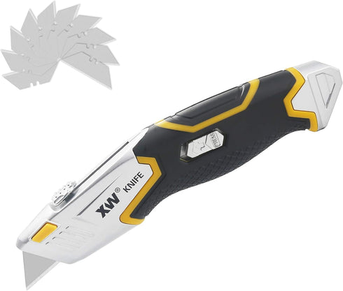 XW Auto Loading Utility Knife with 3-Position Retractable Box Cutter and 5 Pre-loaded Blades, Bonus 10 Blades