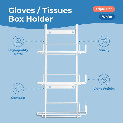 FMP Brands Triple Glove Holder for Wall Mount, Wire Rack Disposable Napkin Gloves Box Holder, White Durable Metal