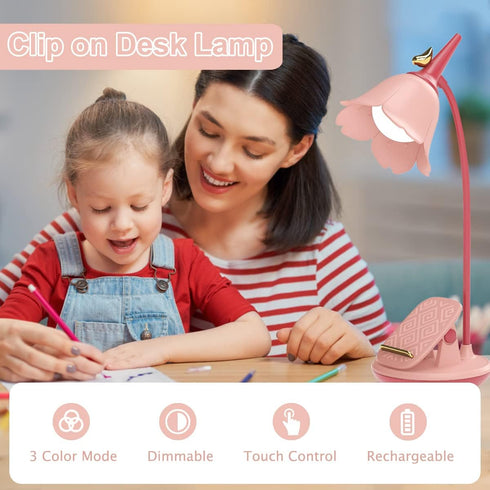 Pink Desk Lamp with Clamp - Rechargeable LED Small Desk Lamp, Adjustable Gooseneck, Dimmable for Kids Girls Bedroom