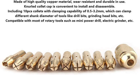 11pcs 4-jaw Copper Drill Chuck Collet Set for Mini Electric Grinder, 0.5-3.2mm Tool Accessories
