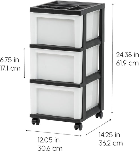IRIS USA Plastic Drawer Storage Organizer Rolling Cart, 3-Drawers with Wheels for Classroom, Bathroom, Bedroom