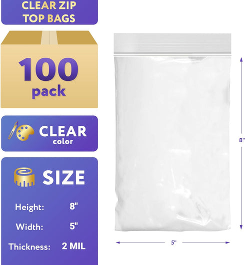 APQ Clear Plastic Reclosable Zipper Bags - 5 x 8 Inches, Pack of 100 Reclosable Plastic Bags with Zipper Closure, 2 Mil