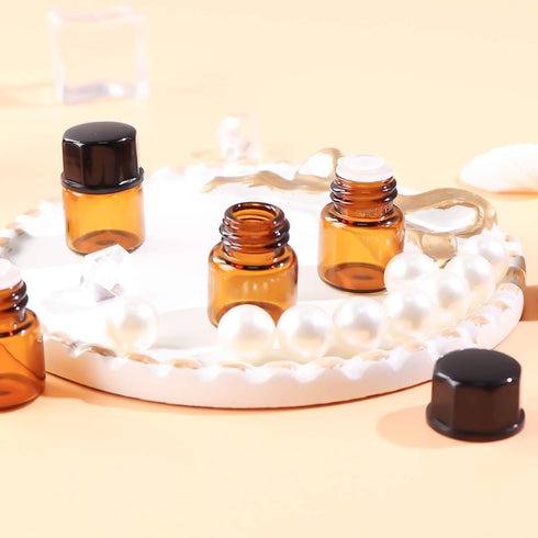 50 Pack 1ml Amber Mini Glass Essential Oils Sample Bottles with Black Caps for Oils, Perfumes & Lab Chemicals