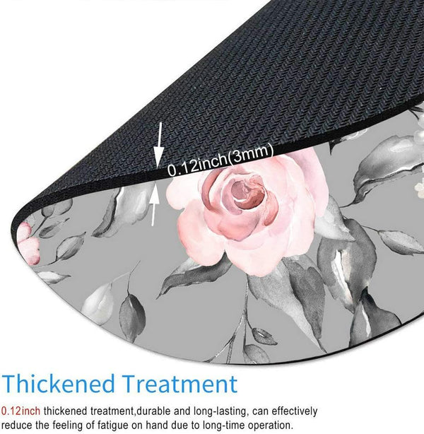 Round Mousepad - Spring Flowers and Leaves, Gray and Pink Roses Floral Mouse Mat for Office