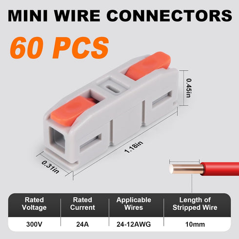 60PCS Avarbuvo Lever Wire Connectors, Mini Push-in Electrical Wire Splice Connector for Quick Connect 24-12 AWG