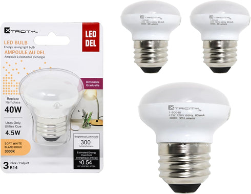 Xtricity R14 Dimmable LED Light Bulbs, E26 Base, 4.5W (40 Watt Equivalent), 3000k Soft White, 300 Lumens (3 Pack)