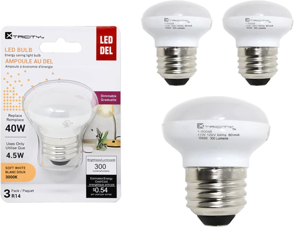 Xtricity R14 Dimmable LED Light Bulbs, E26 Base, 4.5W (40 Watt Equivalent), 3000k Soft White, 300 Lumens (3 Pack)