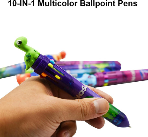 Maydahui 6 Pcs 10-in-1 Multicolor Dinosaur Pens, 10 Colors Shuttle Retractable Ballpoint Pens Fun Cartoon Dino Print