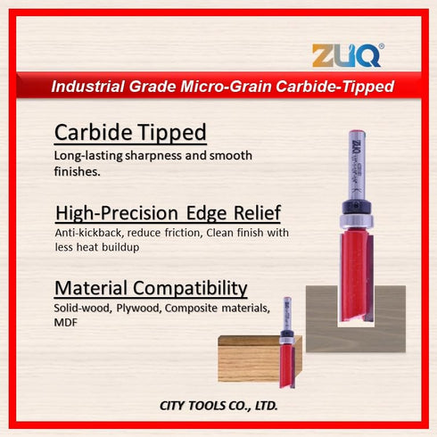 1/4" 1/2" 1" (A22010B1-1/2*1") ZUQ Flush Trim Router Bit, Shank, Cut Dia. Cutting Height, Carbide Tipped, Top Bearing