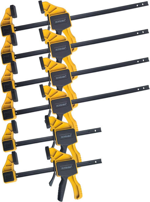SUNBABA 6 Pack Clamps for Woodworking 12(4)&6(2) Light Duty One-Handed F Clamp/Spreader