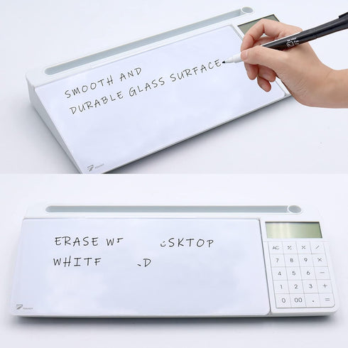 TOWON Desktop Glass Whiteboard with Basic Calculator, 12 Digit LCD Display, Desk Organizers, White, 18'' x 6''