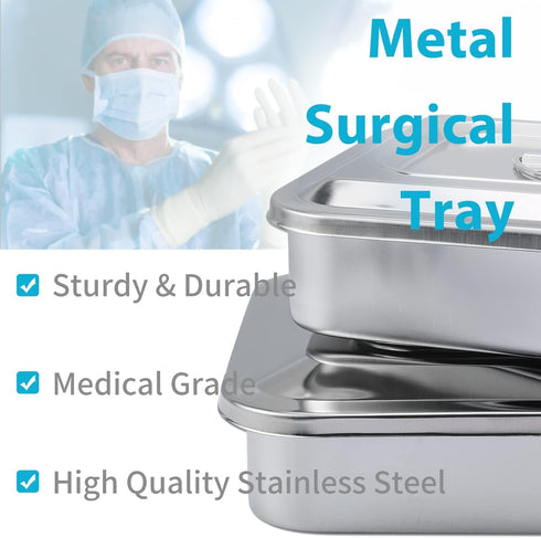 Medical Surgical Trays, Stainless Steel Dental Instruments Tray Organizer with Lid & Handle Grip